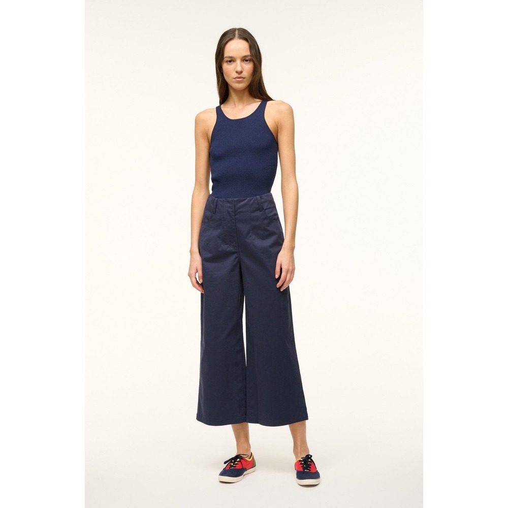 Staud Luca Pant Navy Blue Size 8 High Waisted Wide Leg Pleated Trouser Chic Sexy
